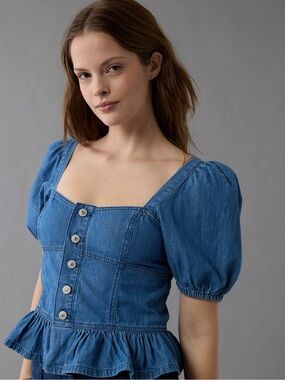 American Eagle Outfitters Blue Denim Puff Sleeve Peplum Button-Front Top